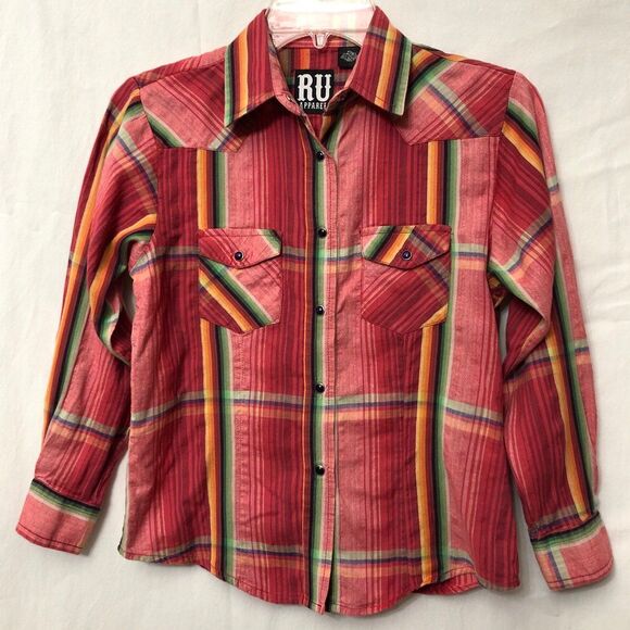 RU APPAREL Girls Western Pearl Snap Shirt Size XL 14-16 Multicolor Plaid - Picture 1 of 5